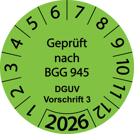 Einjahresprüfetiketten, Geprüft nach BGG 945, DGUV Vorschrift 3, Startjahr: 2026 aus Papier oder Plastik