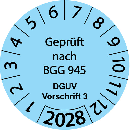 Einjahresprüfetiketten, Geprüft nach BGG 945, DGUV Vorschrift 3, Startjahr: 2028 aus Papier oder Plastik