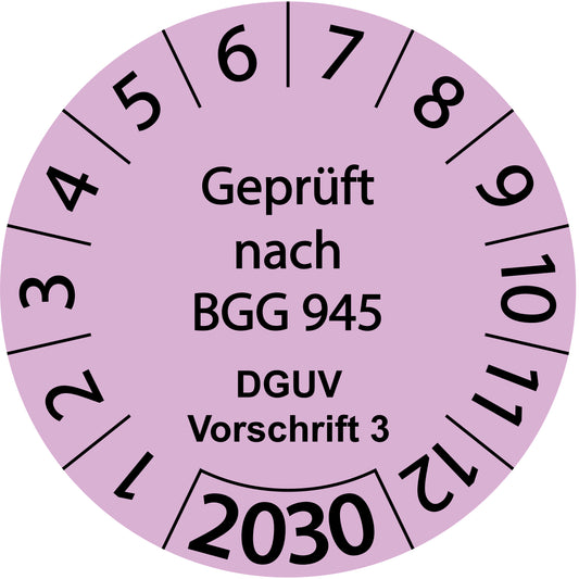Einjahresprüfetiketten, Geprüft nach BGG 945, DGUV Vorschrift 3, Startjahr: 2030 aus Papier oder Plastik