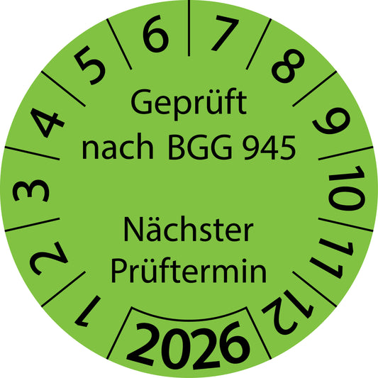 Einjahresprüfetiketten, Geprüft nach BGG 945, Nächster Prüftermin, Startjahr: 2026 aus Papier oder Plastik