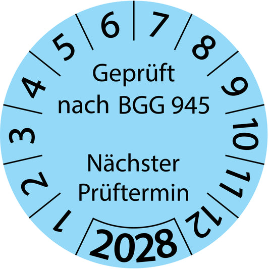 Einjahresprüfetiketten, Geprüft nach BGG 945, Nächster Prüftermin, Startjahr: 2028 aus Papier oder Plastik