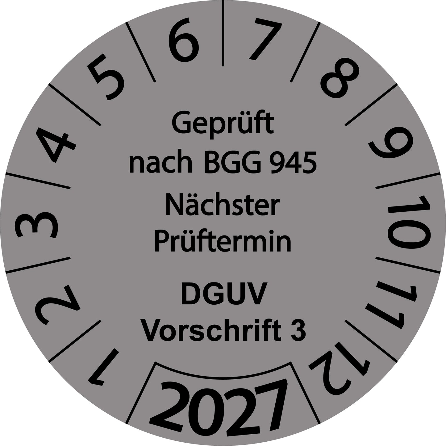 Einjahresprüfetiketten, Geprüft nach BGG 945, Nächster Prüftermin, DGUV Vorschrift 3, Startjahr: 2027 aus Papier oder Plastik