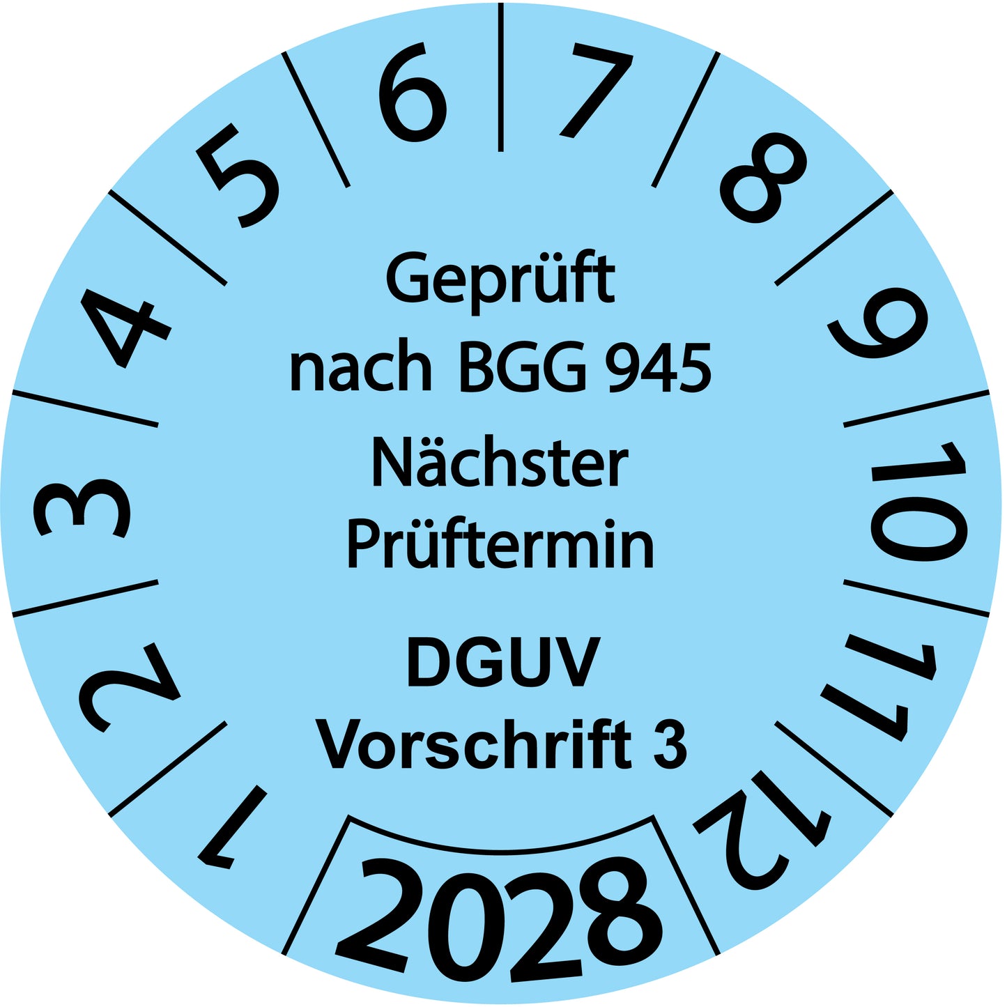 Einjahresprüfetiketten, Geprüft nach BGG 945, Nächster Prüftermin, DGUV Vorschrift 3, Startjahr: 2028 aus Papier oder Plastik