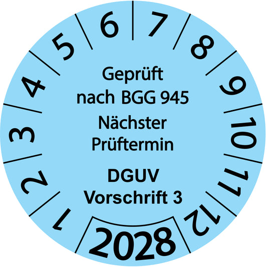 Einjahresprüfetiketten, Geprüft nach BGG 945, Nächster Prüftermin, DGUV Vorschrift 3, Startjahr: 2028 aus Papier oder Plastik