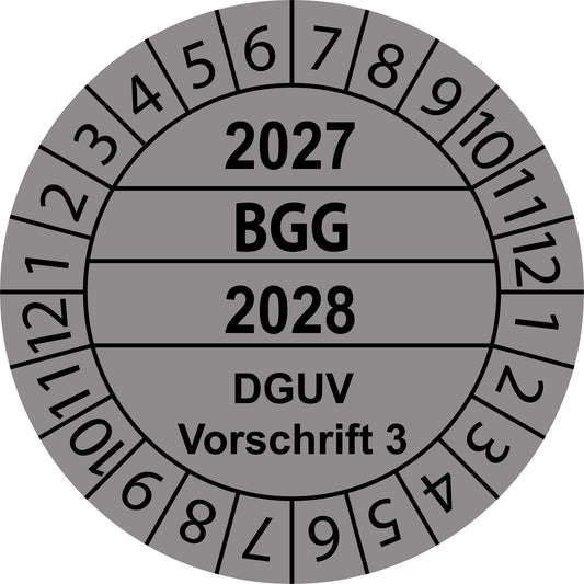 Mehrjahresprüfetiketten, BGG, DGUV Vorschrift 3, Startjahr: 2027 aus Papier oder Plastik