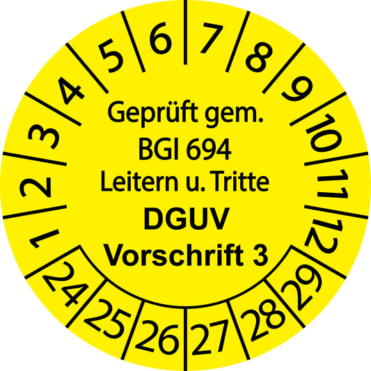 Mehrjahresprüfetiketten, Geprüft gem. BGI 694 Leitern u. Tritte, DGUV Vorschrift 3 Startjahr: 2024 aus Papier oder Plastik