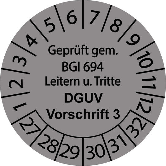 Mehrjahresprüfetiketten, Geprüft gem. BGI 694 Leitern u. Tritte, DGUV Vorschrift, Startjahr: 2027 aus Papier oder Plastik