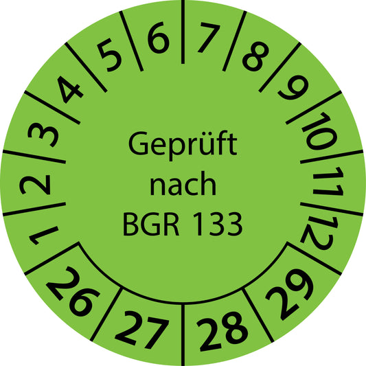 Mehrjahresprüfetiketten, Geprüft nach BGR 133, Startjahr: 2026 aus Papier oder Plastik