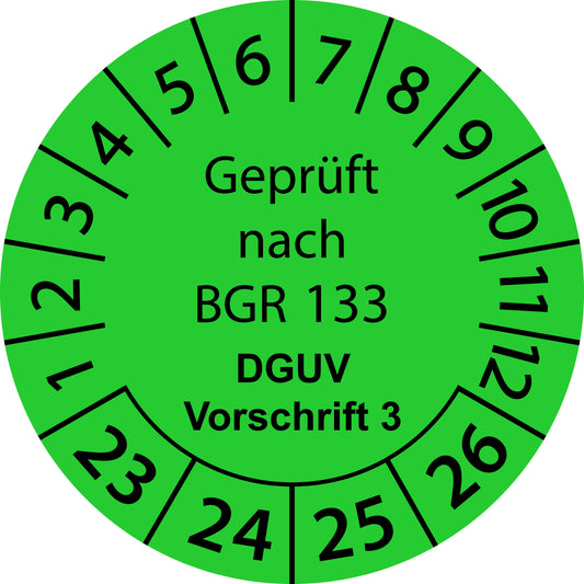 Mehrjahresprüfetiketten, Geprüft nach BGR 133, DGUV Vorschrift 3, Startjahr: 2023 aus Papier oder Plastik