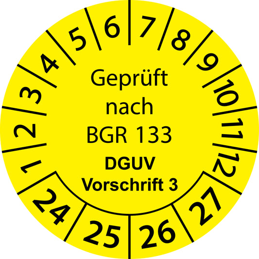 Mehrjahresprüfetiketten, Geprüft nach BGR 133, DGUV, Vorschrift 3 Startjahr: 2024 aus Papier oder Plastik