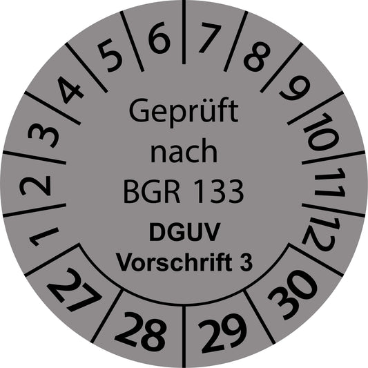 Mehrjahresprüfetiketten, Geprüft nach BGR 133, DGUV Vorschrift 3, Startjahr: 2027 aus Papier oder Plastik