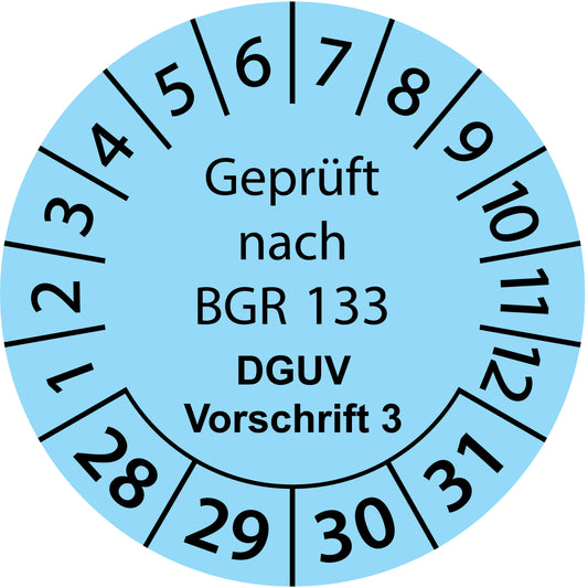 Mehrjahresprüfetiketten, Geprüft nach BGR 133, DGUV Vorschrift 3, Startjahr: 2028 aus Papier oder Plastik