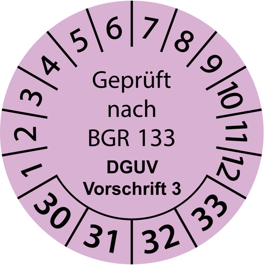 Mehrjahresprüfetiketten, Geprüft nach BGR 133, DGUV Vorschrift 3, Startjahr: 2030 aus Papier oder Plastik