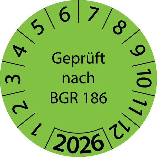 Einjahresprüfetiketten, Geprüft nach BGR 186, Startjahr: 2026 aus Papier oder Plastik