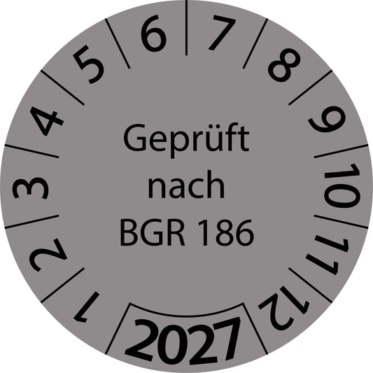 Einjahresprüfetiketten, Geprüft nach BGR 186, Startjahr: 2027 aus Papier oder Plastik