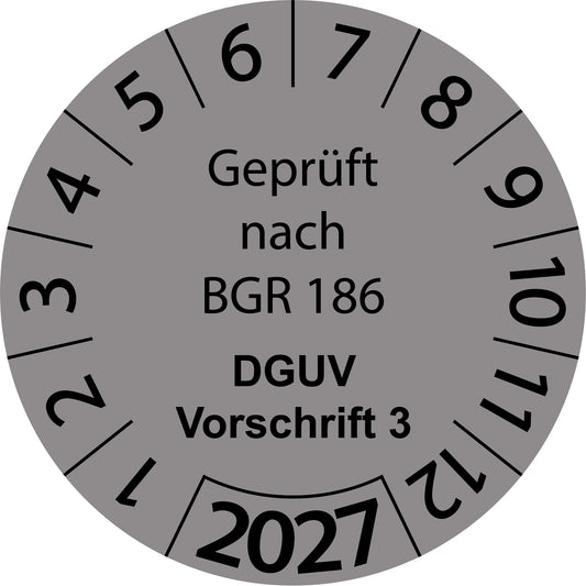 Einjahresprüfetiketten, Geprüft nach BGR 186, DGUV Vorschrift 3, Startjahr: 2027 aus Papier oder Plastik