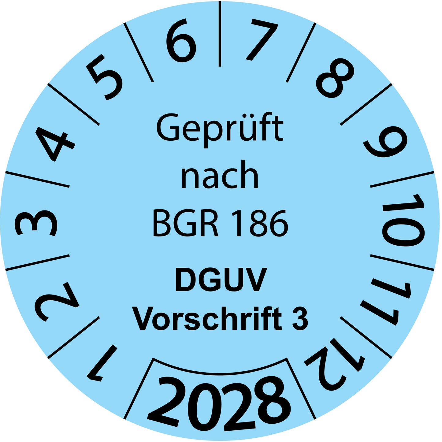 Einjahresprüfetiketten, Geprüft nach BGR 186, DGUV Vorschrift 3, Startjahr: 2028 aus Papier oder Plastik