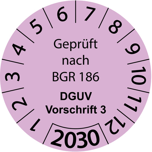 Einjahresprüfetiketten, Geprüft nach BGR 186, DGUV Vorschrift 3, Startjahr: 2030 aus Papier oder Plastik