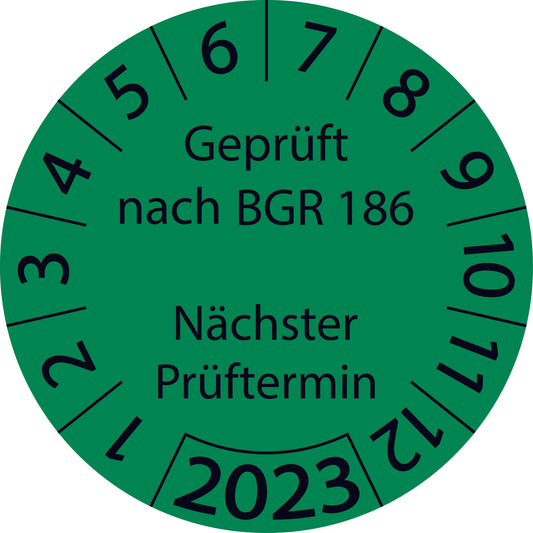 Einjahresprüfetiketten, Geprüft nach BGR 186 Nächster Prüftermin, Startjahr: 2023 aus Papier oder Plastik