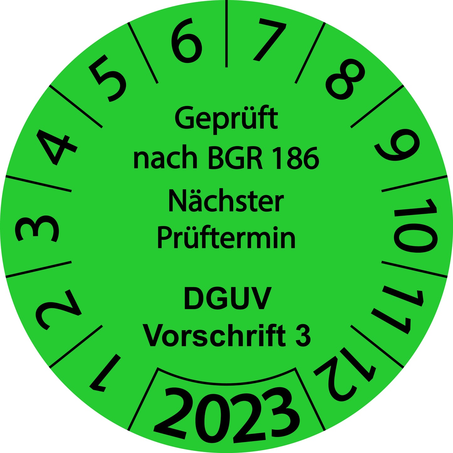 Einjahresprüfetiketten, Geprüft nach BGR 186 Nächster Prüftermin, DGUV Vorschrift 3, Startjahr: 2023 aus Papier oder Plastik