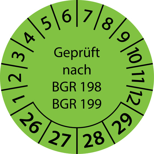 Mehrjahresprüfetiketten, Geprüft nach BGR 198 + 199, Startjahr: 2026 aus Papier oder Plastik