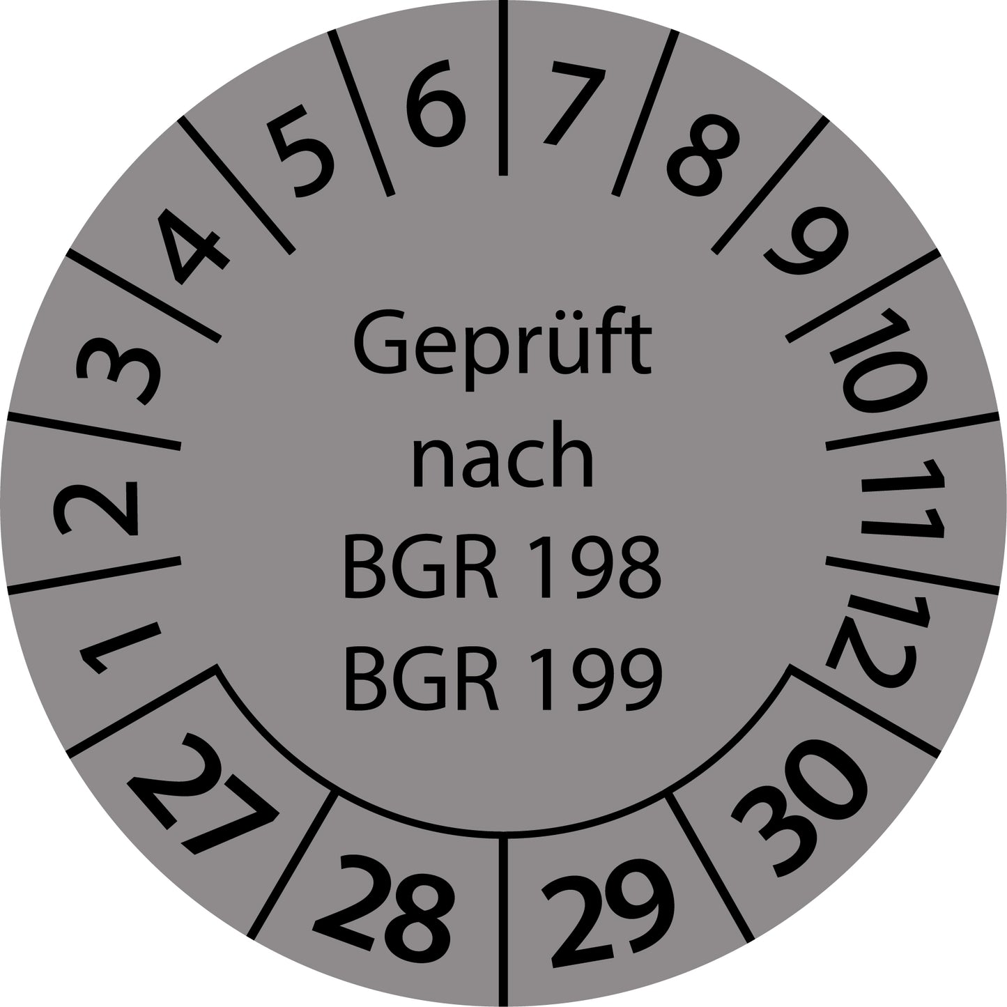 Mehrjahresprüfetiketten, Geprüft nach BGR 198 + 199, Startjahr: 2027 aus Papier oder Plastik