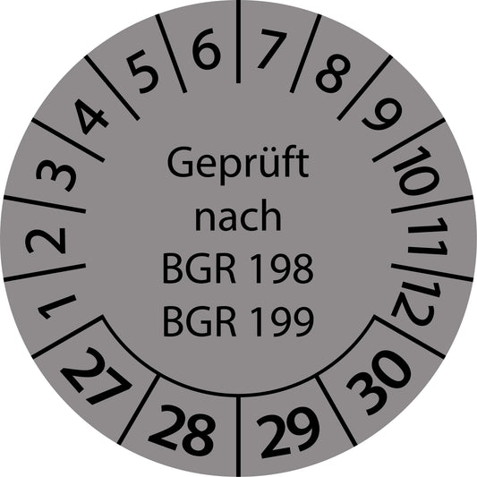 Mehrjahresprüfetiketten, Geprüft nach BGR 198 + 199, Startjahr: 2027 aus Papier oder Plastik