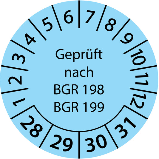Mehrjahresprüfetiketten, Geprüft nach BGR 198 + 199, Startjahr: 2028 aus Papier oder Plastik