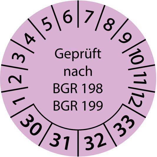 Mehrjahresprüfetiketten, Geprüft nach BGR 198 + 199, Startjahr: 2030 aus Papier oder Plastik