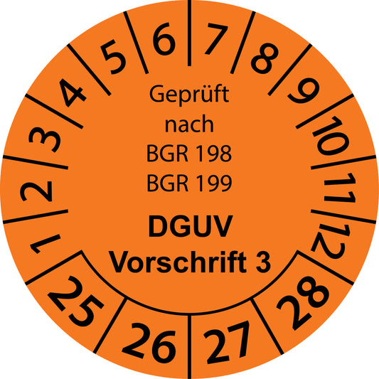 Mehrjahresprüfetiketten, Geprüft nach BGR 198 + 199, DGUV Vorschrift 3, Startjahr: 2025 aus Papier oder Plastik