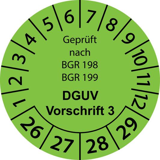 Mehrjahresprüfetiketten, Geprüft nach BGR 198 + 199, DGUV Vorschrift 3, Startjahr: 2026 aus Papier oder Plastik