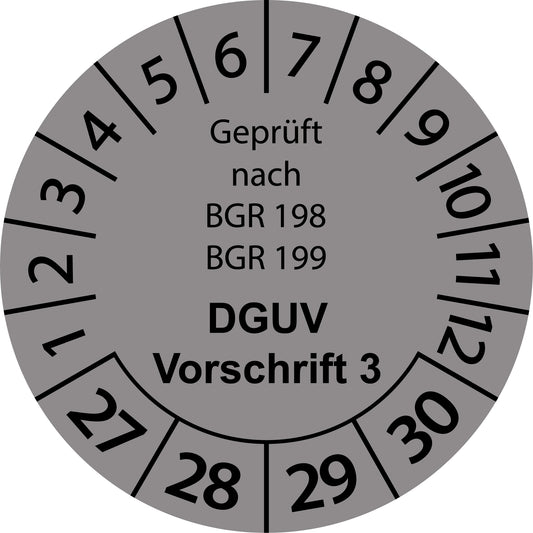 Mehrjahresprüfetiketten, Geprüft nach BGR 198 + 199, DGUV Vorschrift 3, Startjahr: 2027 aus Papier oder Plastik