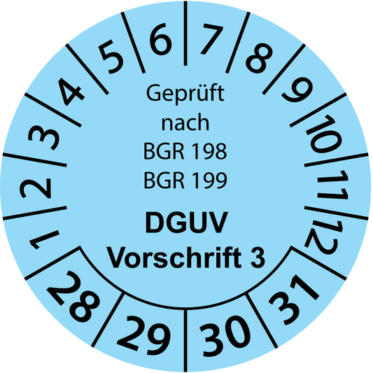 Mehrjahresprüfetiketten, Geprüft nach BGR 198 + 199, DGUV Vorschrift 3, Startjahr: 2028 aus Papier oder Plastik