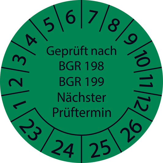 Mehrjahresprüfetiketten, Geprüft nach BGR 198 + BGR 199 Nächster Prüftermin, Startjahr: 2023 aus Papier oder Plastik