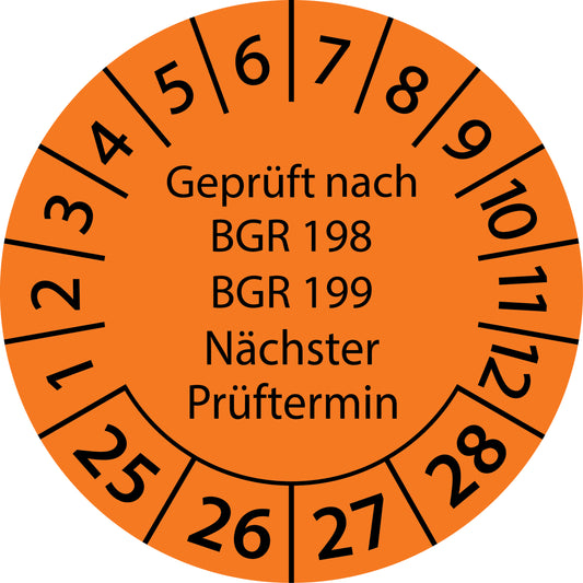 Mehrjahresprüfetiketten, Geprüft nach BGR 198 + 199, Nächster Prüftermin, Startjahr: 2025 aus Papier oder Plastik