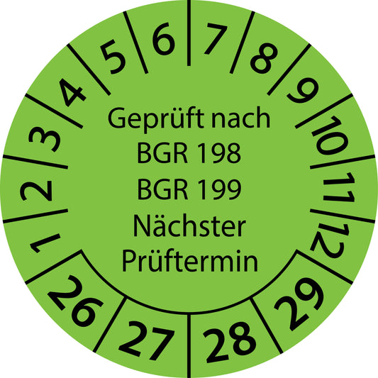 Mehrjahresprüfetiketten, Geprüft nach BGR 198 + 199, Nächster Prüftermin, Startjahr: 2026 aus Papier oder Plastik