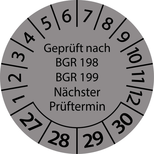 Mehrjahresprüfetiketten, Geprüft nach BGR 198 + 199, Nächster Prüftermin, Startjahr: 2027 aus Papier oder Plastik