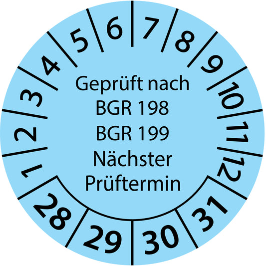 Mehrjahresprüfetiketten, Geprüft nach BGR 198 + 199, Nächster Prüftermin, Startjahr: 2028 aus Papier oder Plastik