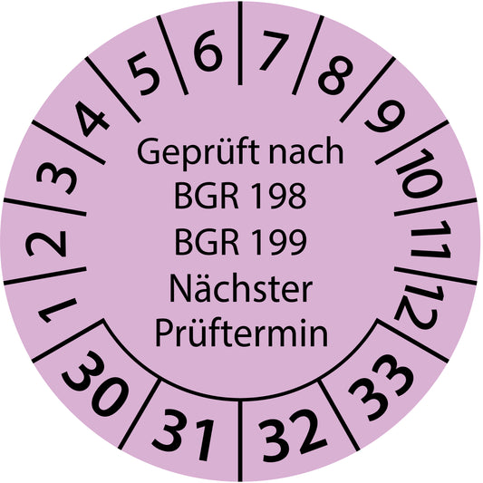 Mehrjahresprüfetiketten, Geprüft nach BGR 198 + 199, Nächster Prüftermin, Startjahr: 2030 aus Papier oder Plastik