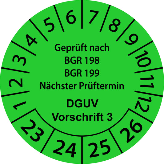 Mehrjahresprüfetiketten, Geprüft nach BGR 198 + BGR 199 Nächster Prüftermin, DGUV: 2 Vorschrift 3, Startjahr023 aus Papier oder Plastik