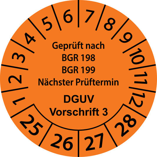 Mehrjahresprüfetiketten, Geprüft nach BGR 198 + 199, Nächster Prüftermin, DGUV Vorschrift 3, Startjahr: 2025 aus Papier oder Plastik