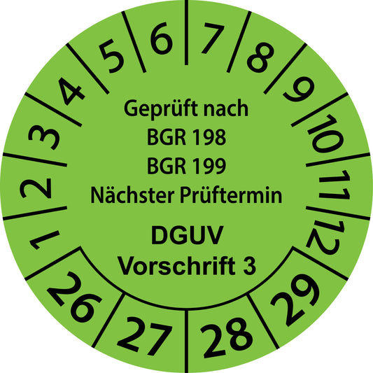 Mehrjahresprüfetiketten, Geprüft nach BGR 198 + 199, Nächster Prüftermin, DGUV Vorschrift 3, Startjahr: 2026 aus Papier oder Plastik