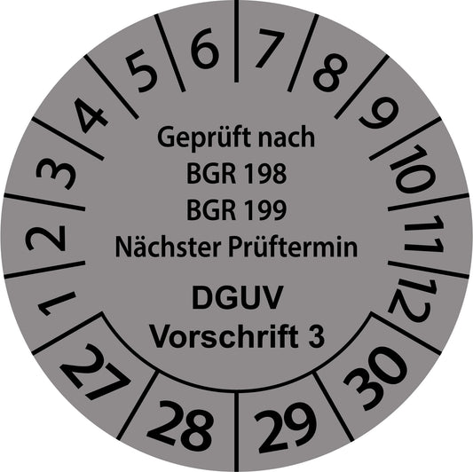 Mehrjahresprüfetiketten, Geprüft nach BGR 198 + 199, Nächster Prüftermin, DGUV Vorschrift 3, Startjahr: 2027 aus Papier oder Plastik