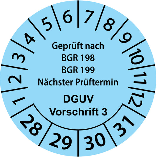 Mehrjahresprüfetiketten, Geprüft nach BGR 198 + 199, Nächster Prüftermin, DGUV Vorschrift 3, Startjahr: 2028 aus Papier oder Plastik