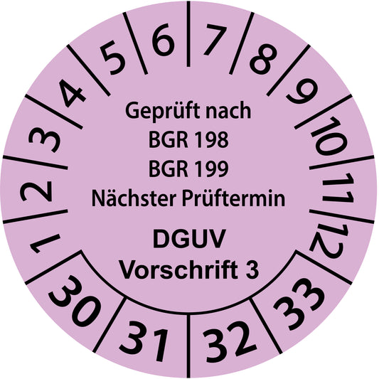 Mehrjahresprüfetiketten, Geprüft nach BGR 198 + 199, Nächster Prüftermin, DGUV Vorschrift 3, Startjahr: 2030 aus Papier oder Plastik