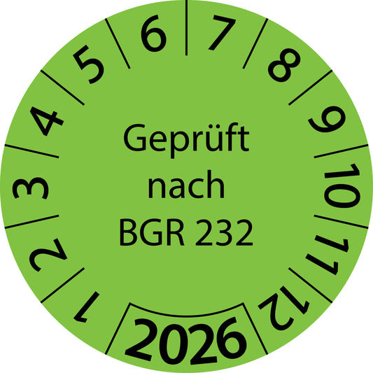 Einjahresprüfetiketten, Geprüft nach BGR 232, Startjahr: 2026 aus Papier oder Plastik