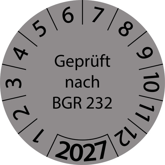 Einjahresprüfetiketten, Geprüft nach BGR 232, Startjahr: 2027 aus Papier oder Plastik