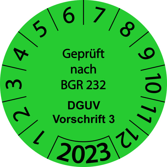 Einjahresprüfetiketten, Geprüft nach BGR 232, DGUV Vorschrift 3, Startjahr: 2023 aus Papier oder Plastik