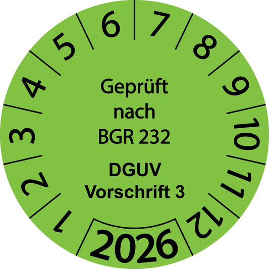 Einjahresprüfetiketten, Geprüft nach BGR 232, DGUV Vorschrift 3, Startjahr: 2026 aus Papier oder Plastik