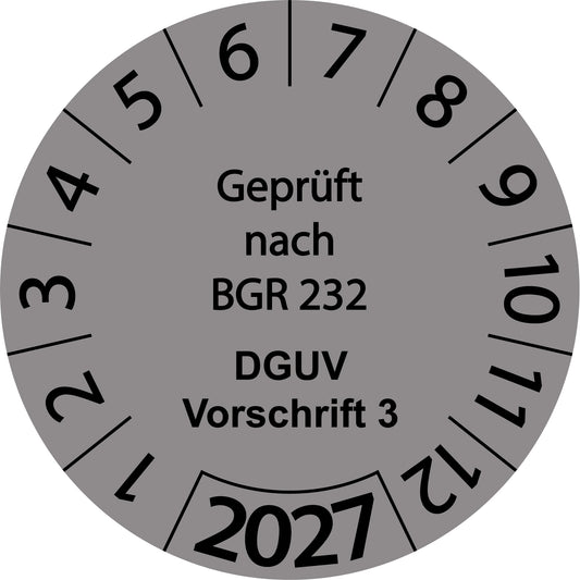 Einjahresprüfetiketten, Geprüft nach BGR 232, DGUV Vorschrift 3, Startjahr: 2027 aus Papier oder Plastik